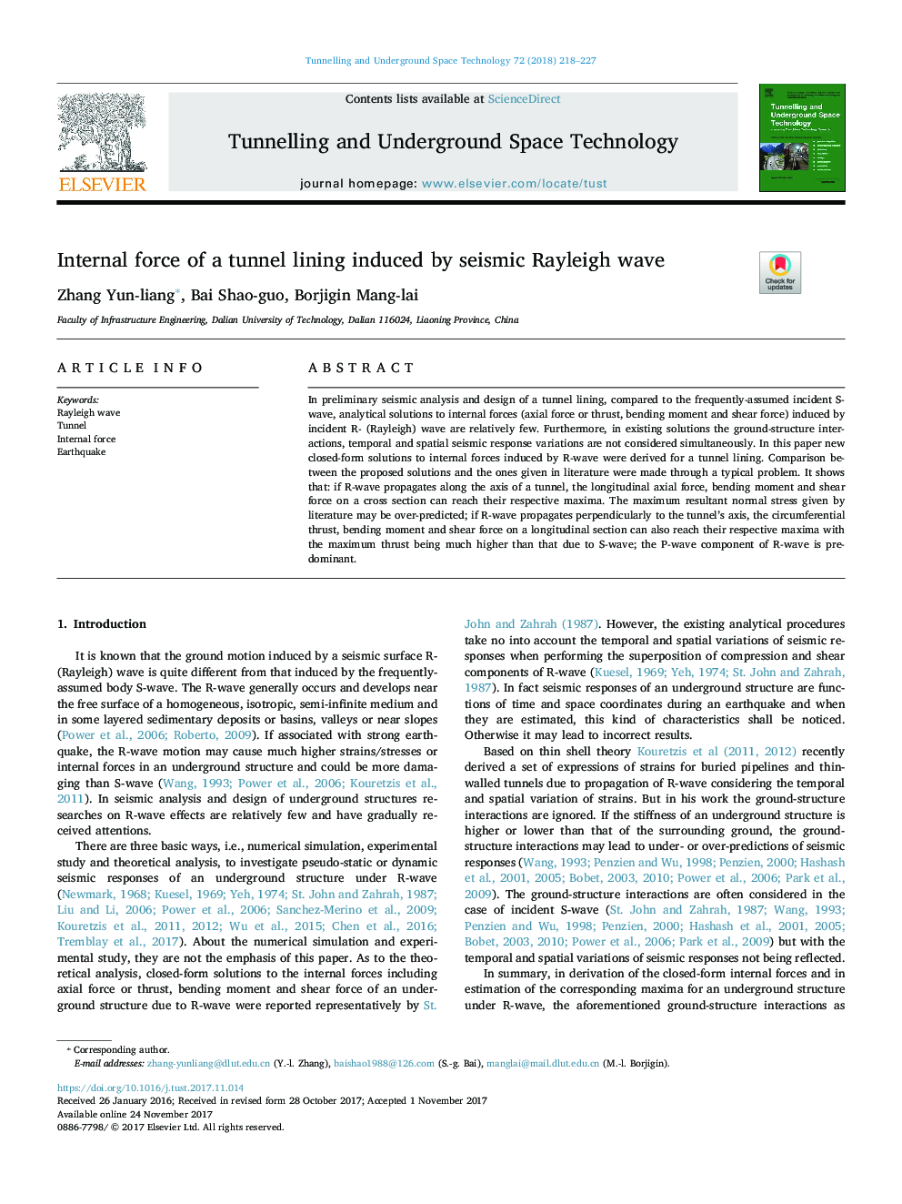 Internal force of a tunnel lining induced by seismic Rayleigh wave