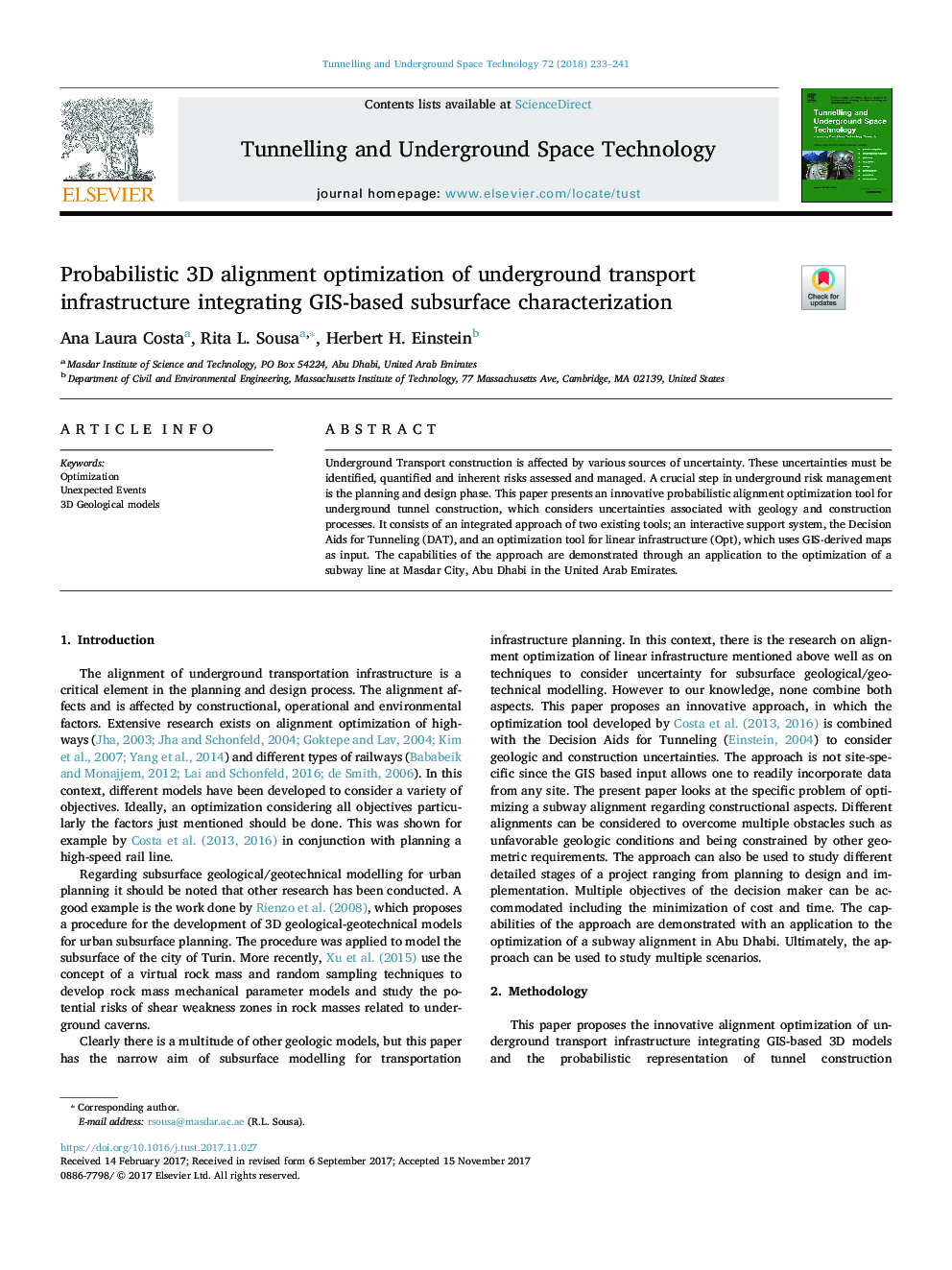 Probabilistic 3D alignment optimization of underground transport infrastructure integrating GIS-based subsurface characterization