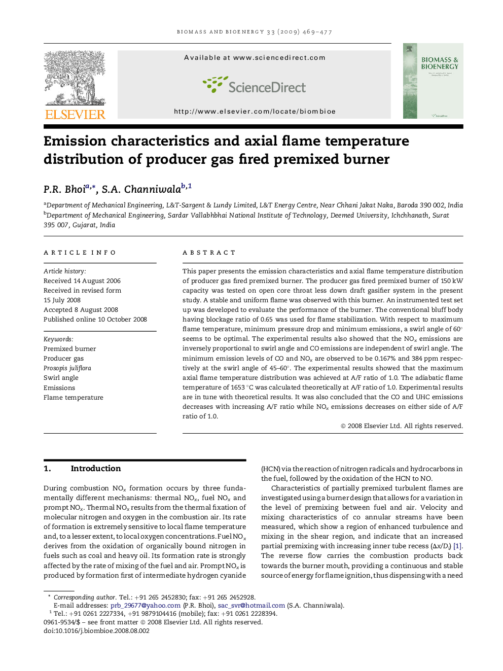 Emission characteristics and axial flame temperature distribution of producer gas fired premixed burner