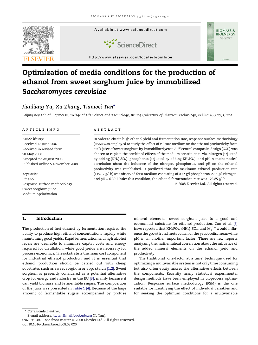 Optimization of media conditions for the production of ethanol from sweet sorghum juice by immobilized Saccharomyces cerevisiae