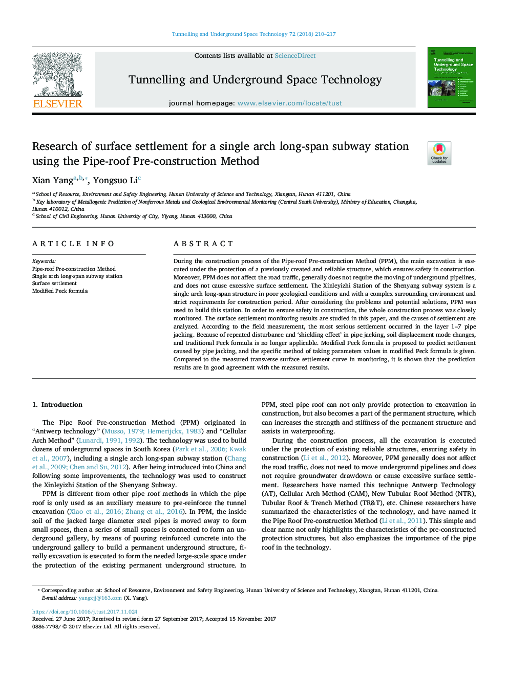 Research of surface settlement for a single arch long-span subway station using the Pipe-roof Pre-construction Method