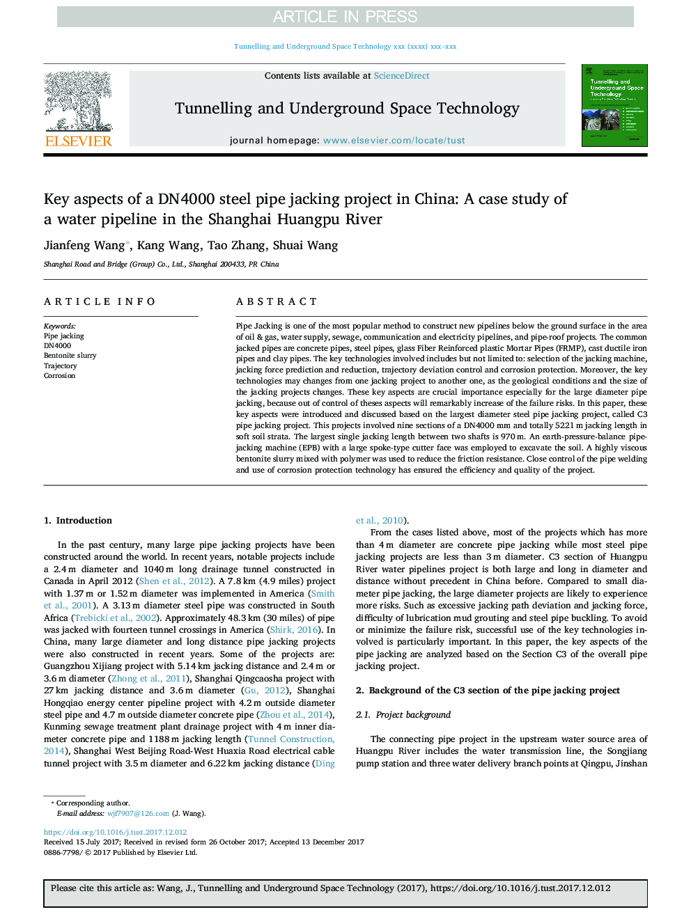 Key aspects of a DN4000 steel pipe jacking project in China: A case study of a water pipeline in the Shanghai Huangpu River