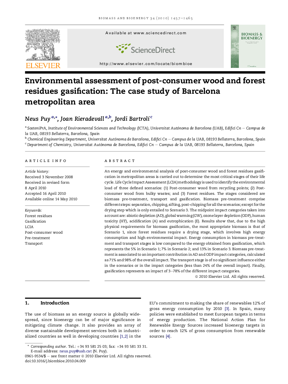 عکس صفحه اول مقاله: Environmental assessment of post-consumer wood and forest residues gasification: The case study of Barcelona metropolitan area Environmental assessment of post-consumer wood and forest residues gasification: The case study of Barcelona metropolitan area