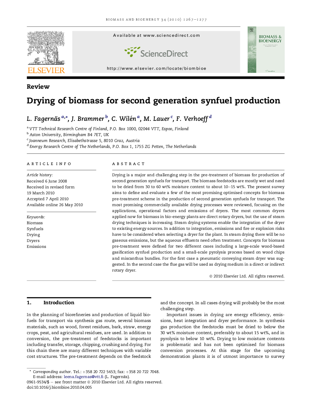 Drying of biomass for second generation synfuel production