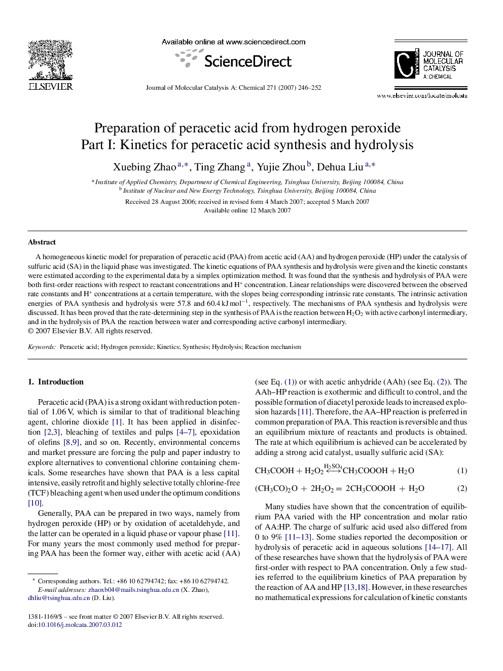 Preparation of peracetic acid from hydrogen peroxide: Part I: Kinetics for peracetic acid synthesis and hydrolysis