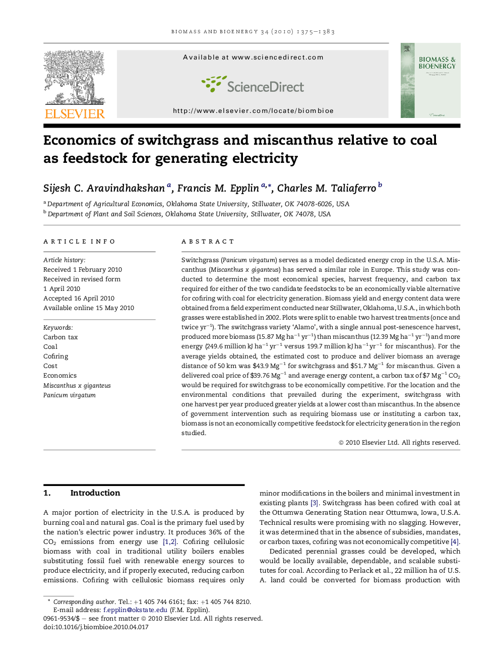 Economics of switchgrass and miscanthus relative to coal as feedstock for generating electricity