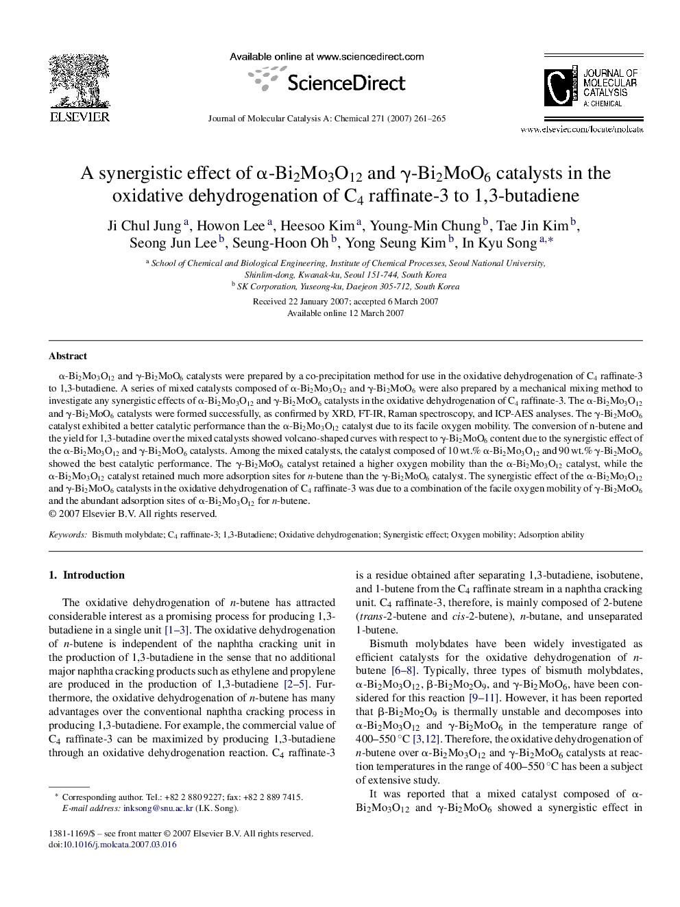 A synergistic effect of α-Bi2Mo3O12 and γ-Bi2MoO6 catalysts in the oxidative dehydrogenation of C4 raffinate-3 to 1,3-butadiene