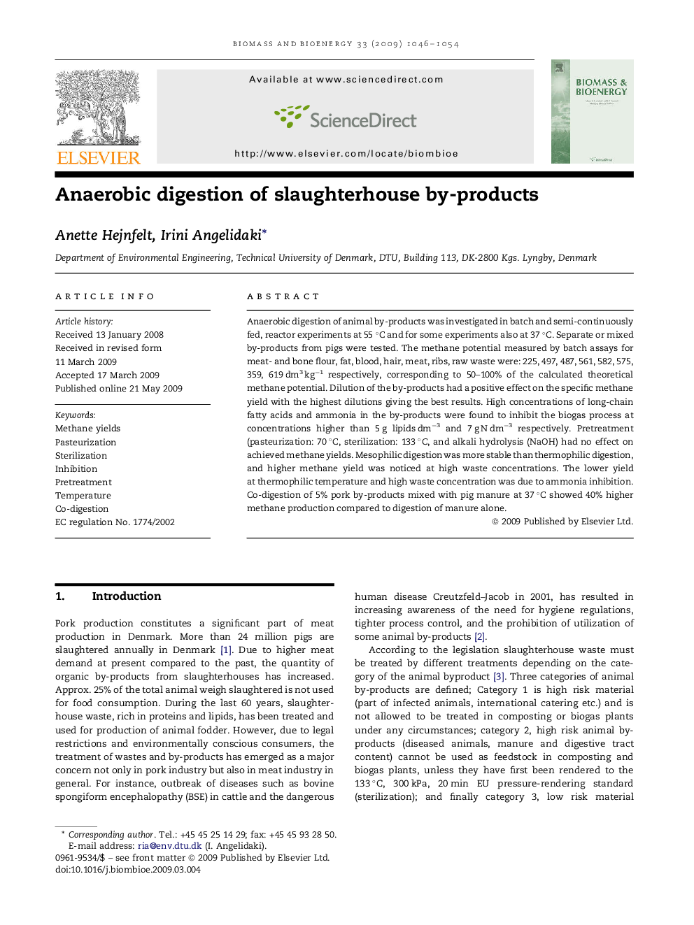 Anaerobic digestion of slaughterhouse by-products