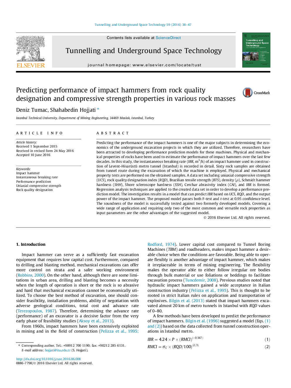 Predicting performance of impact hammers from rock quality designation and compressive strength properties in various rock masses