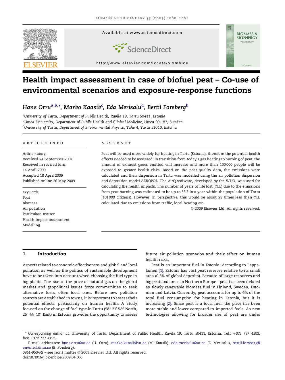 Health impact assessment in case of biofuel peat - Co-use of environmental scenarios and exposure-response functions