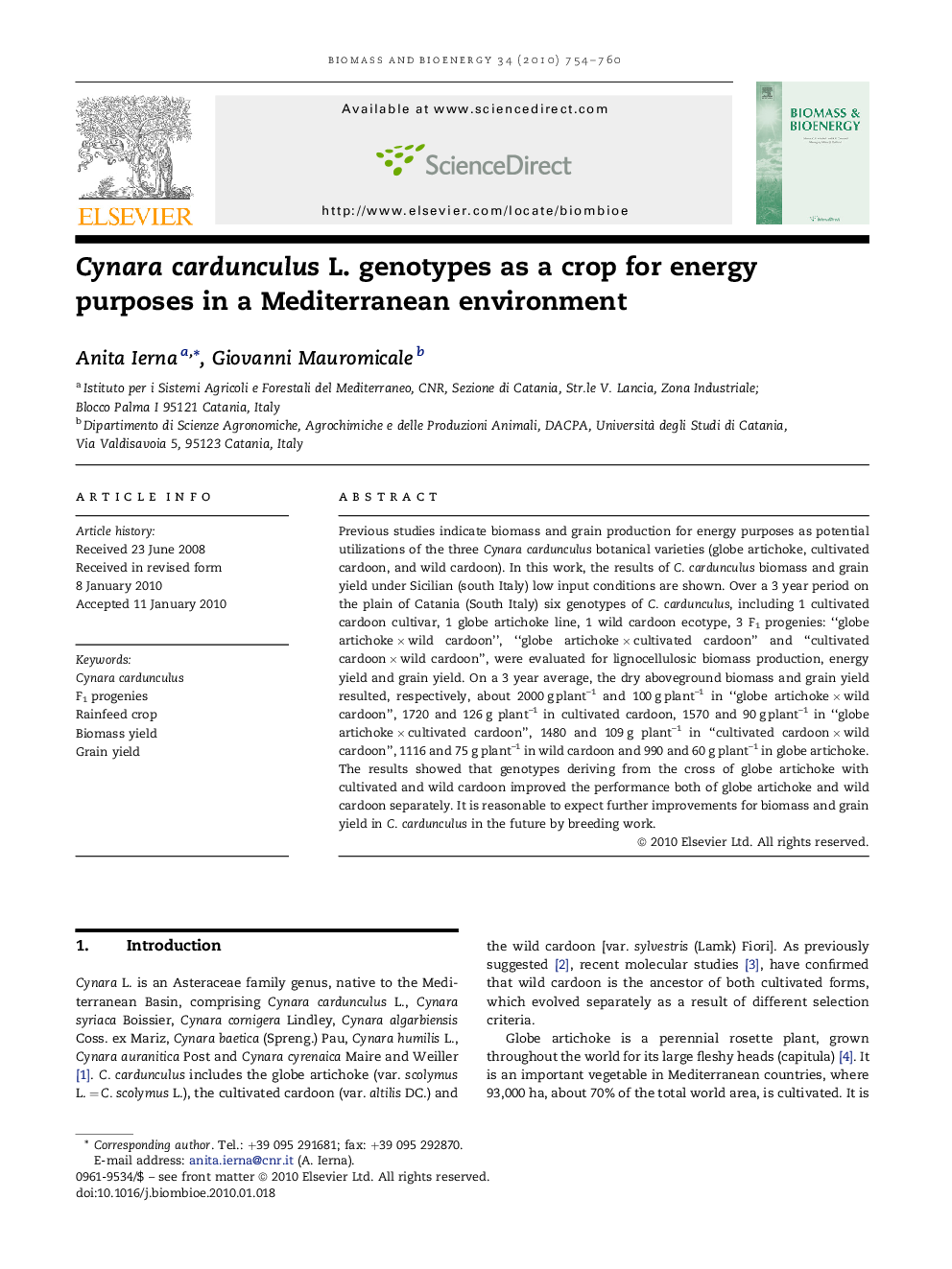 Cynara cardunculus L. genotypes as a crop for energy purposes in a Mediterranean environment