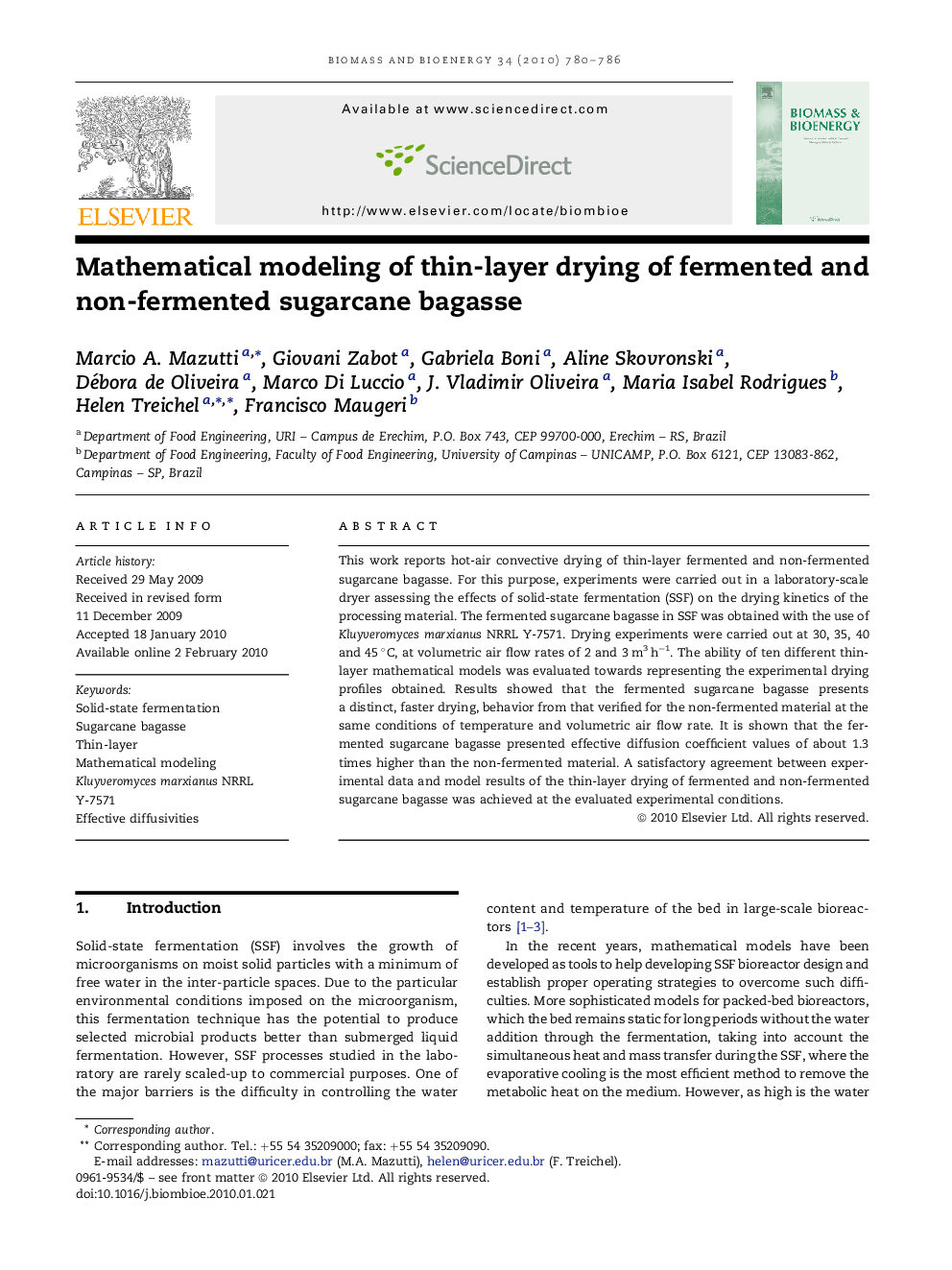 Mathematical modeling of thin-layer drying of fermented and non-fermented sugarcane bagasse