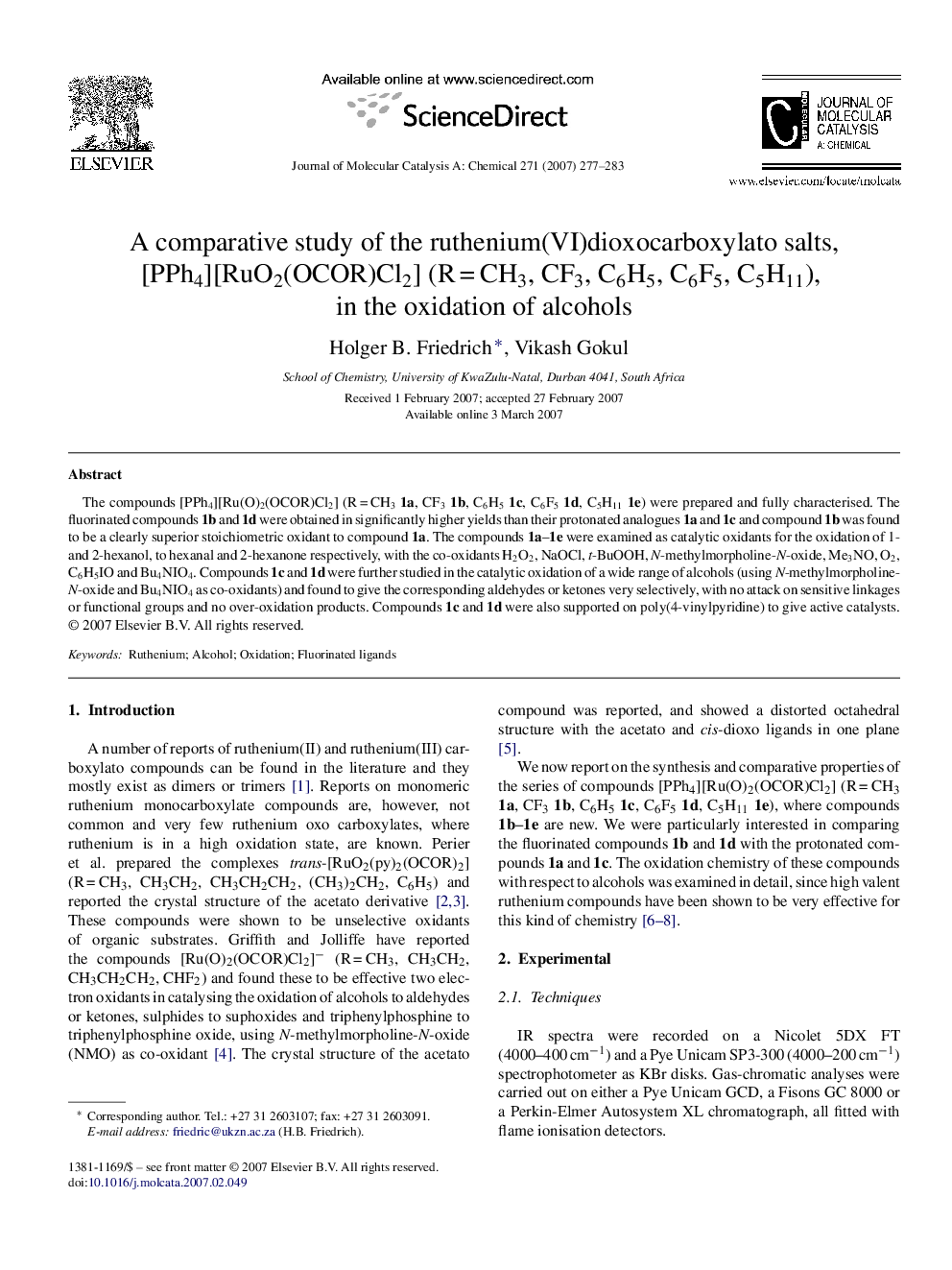 A comparative study of the ruthenium(VI)dioxocarboxylato salts, [PPh4][RuO2(OCOR)Cl2] (R = CH3, CF3, C6H5, C6F5, C5H11), in the oxidation of alcohols