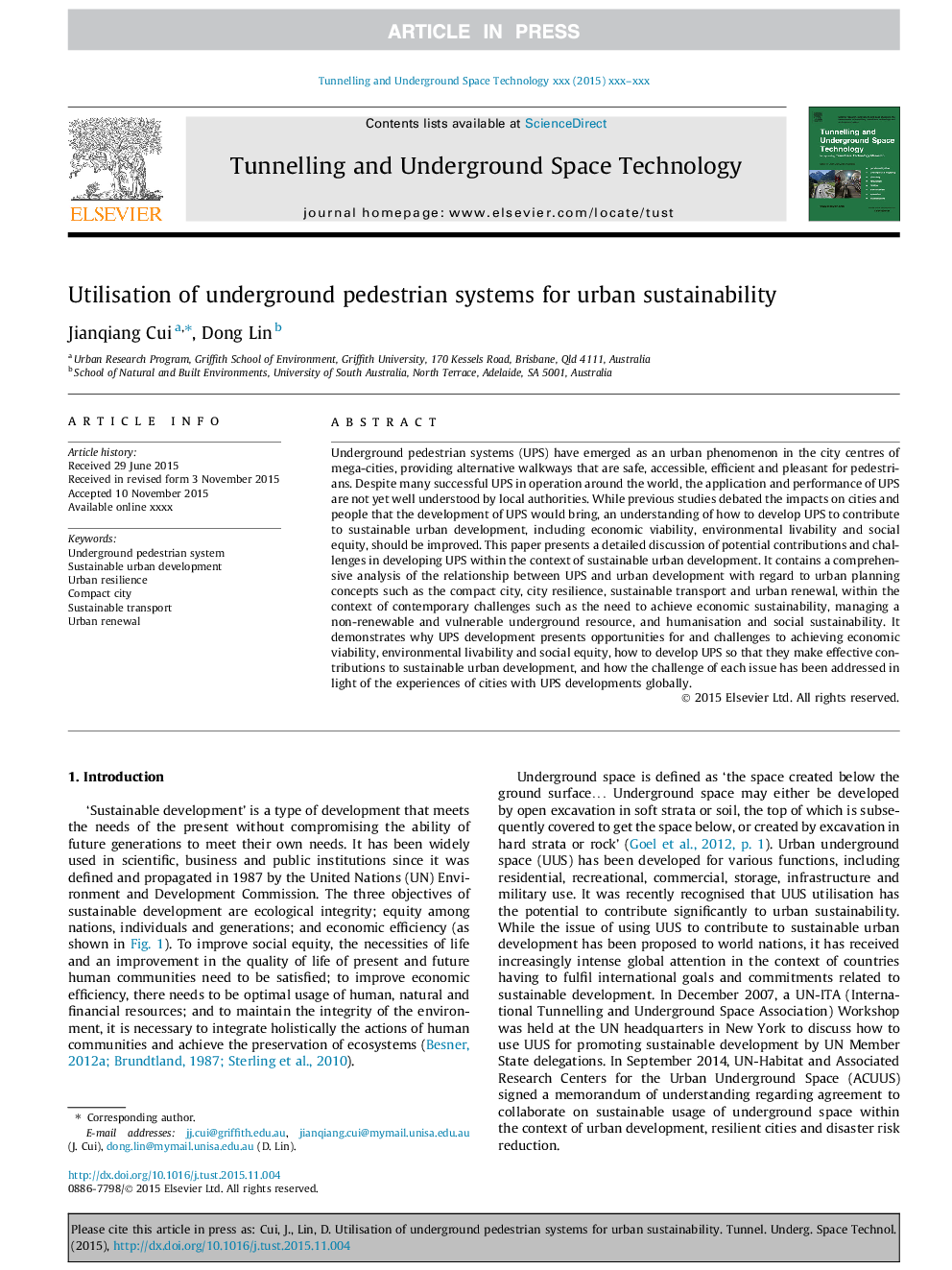 Utilisation of underground pedestrian systems for urban sustainability