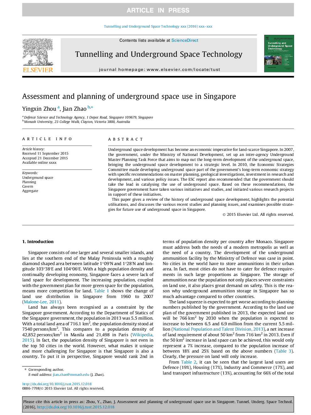 Assessment and planning of underground space use in Singapore