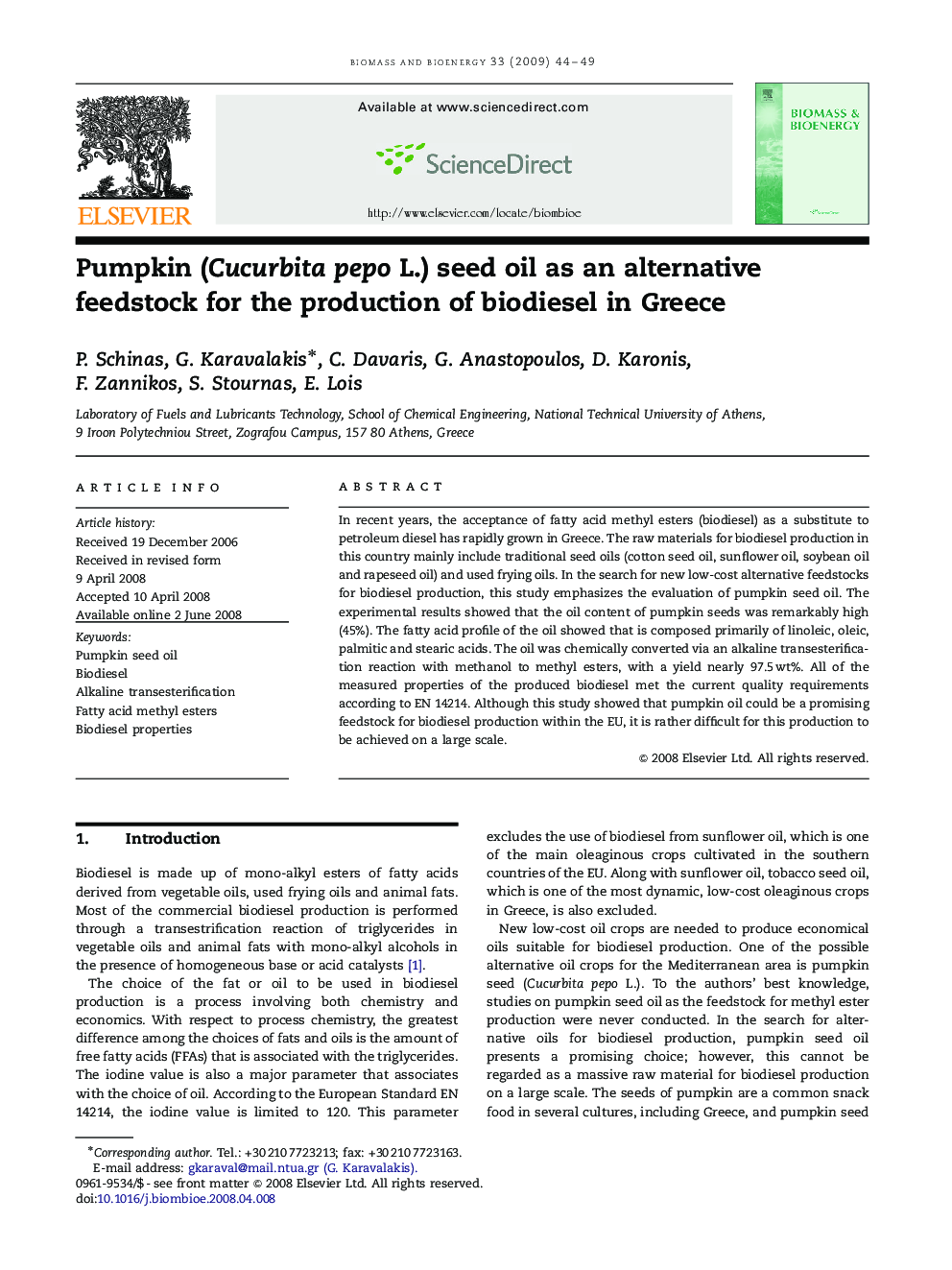 Pumpkin (Cucurbita pepo L.) seed oil as an alternative feedstock for the production of biodiesel in Greece