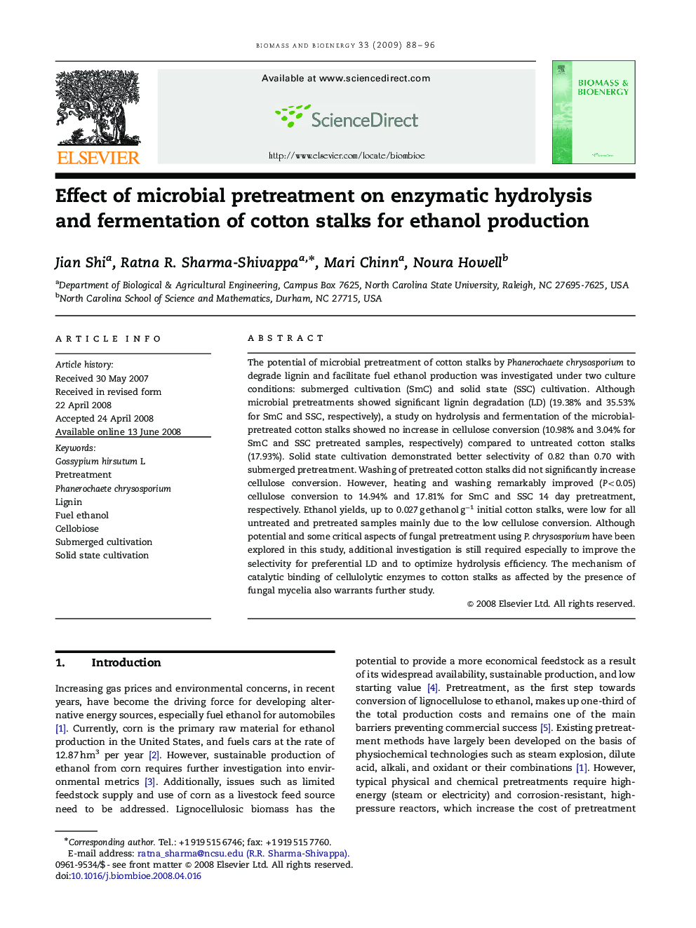 Effect of microbial pretreatment on enzymatic hydrolysis and fermentation of cotton stalks for ethanol production