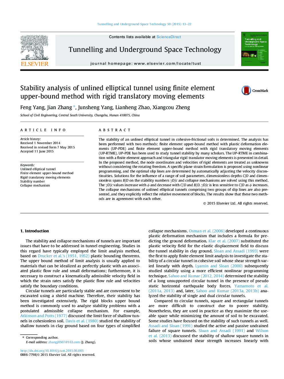 Stability analysis of unlined elliptical tunnel using finite element upper-bound method with rigid translatory moving elements