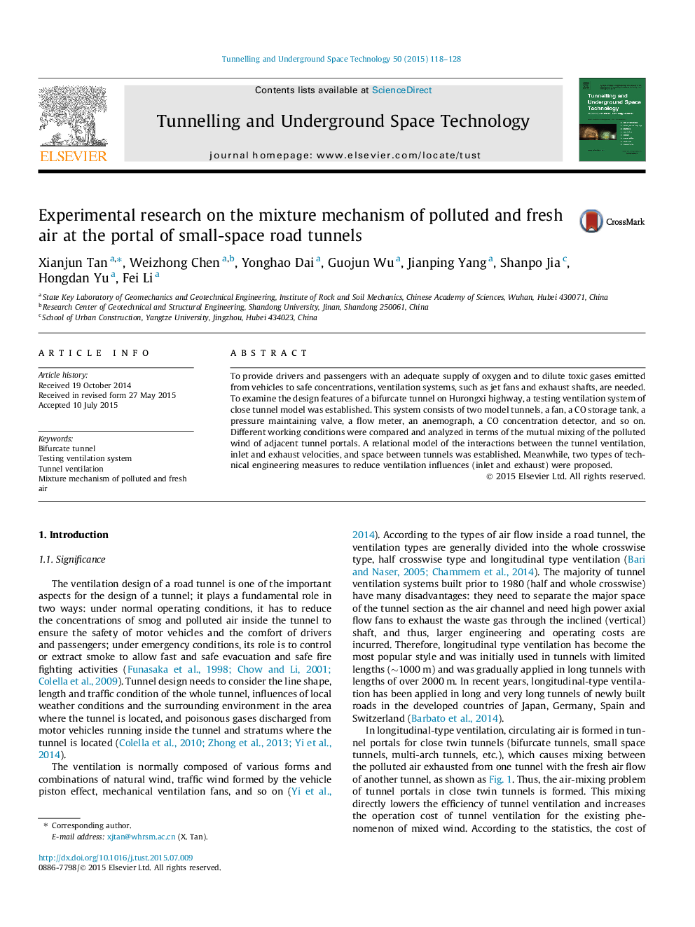 Experimental research on the mixture mechanism of polluted and fresh air at the portal of small-space road tunnels