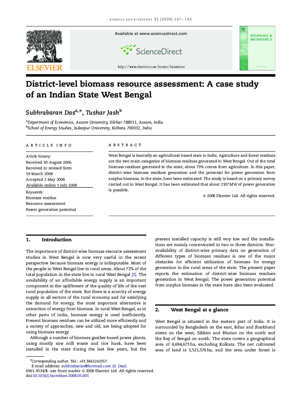 District-level biomass resource assessment: A case study of an Indian State West Bengal