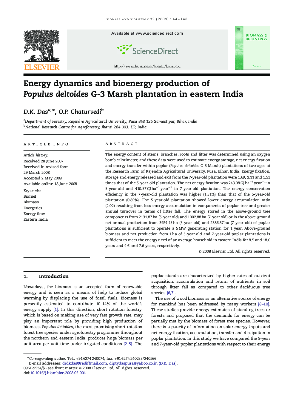 Energy dynamics and bioenergy production of Populus deltoides G-3 Marsh plantation in eastern India