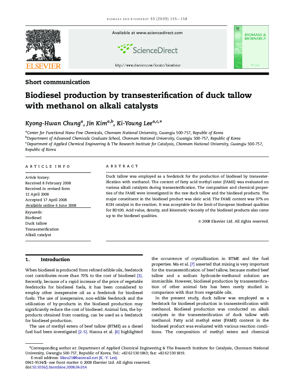 Biodiesel production by transesterification of duck tallow with methanol on alkali catalysts