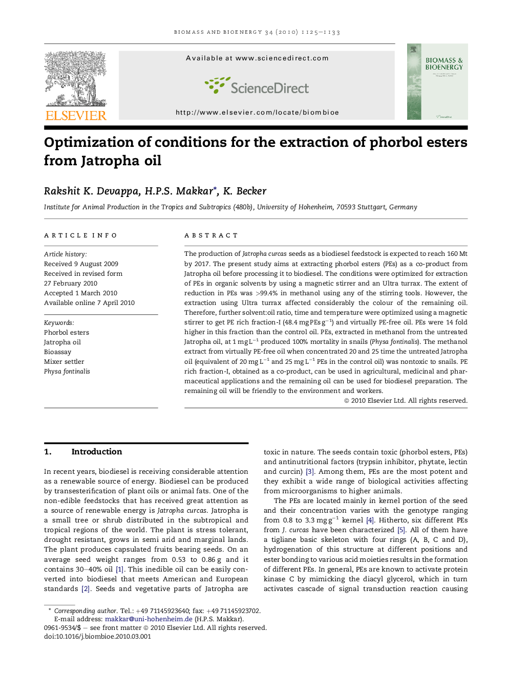 Optimization of conditions for the extraction of phorbol esters from Jatropha oil