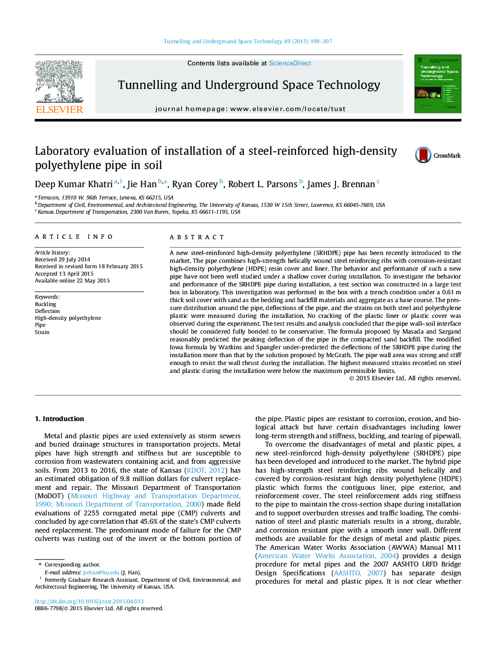 Laboratory evaluation of installation of a steel-reinforced high-density polyethylene pipe in soil