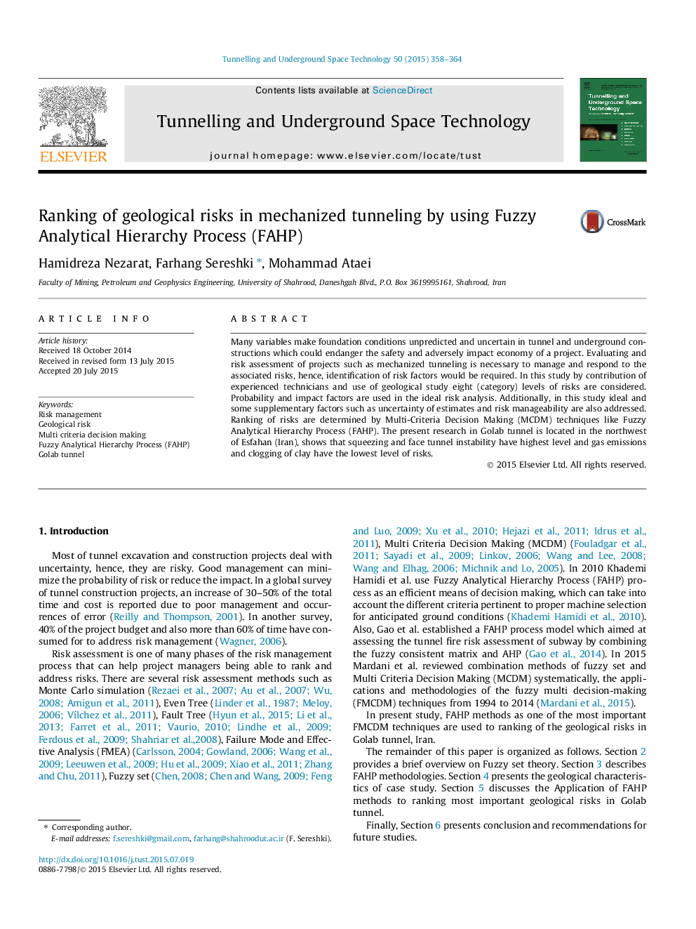 Ranking of geological risks in mechanized tunneling by using Fuzzy Analytical Hierarchy Process (FAHP)