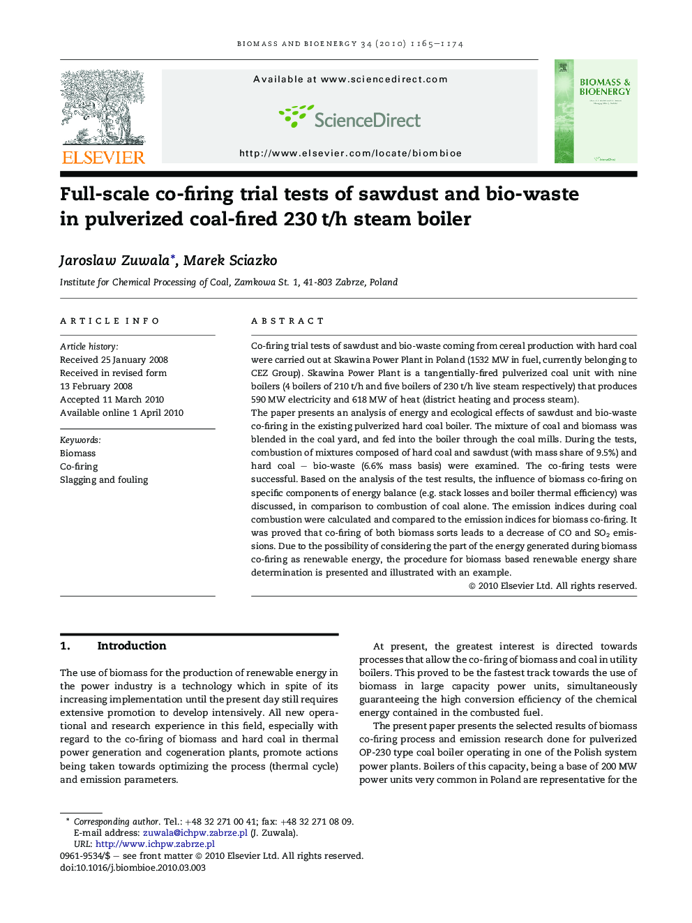 Full-scale co-firing trial tests of sawdust and bio-waste in pulverized coal-fired 230 t/h steam boiler