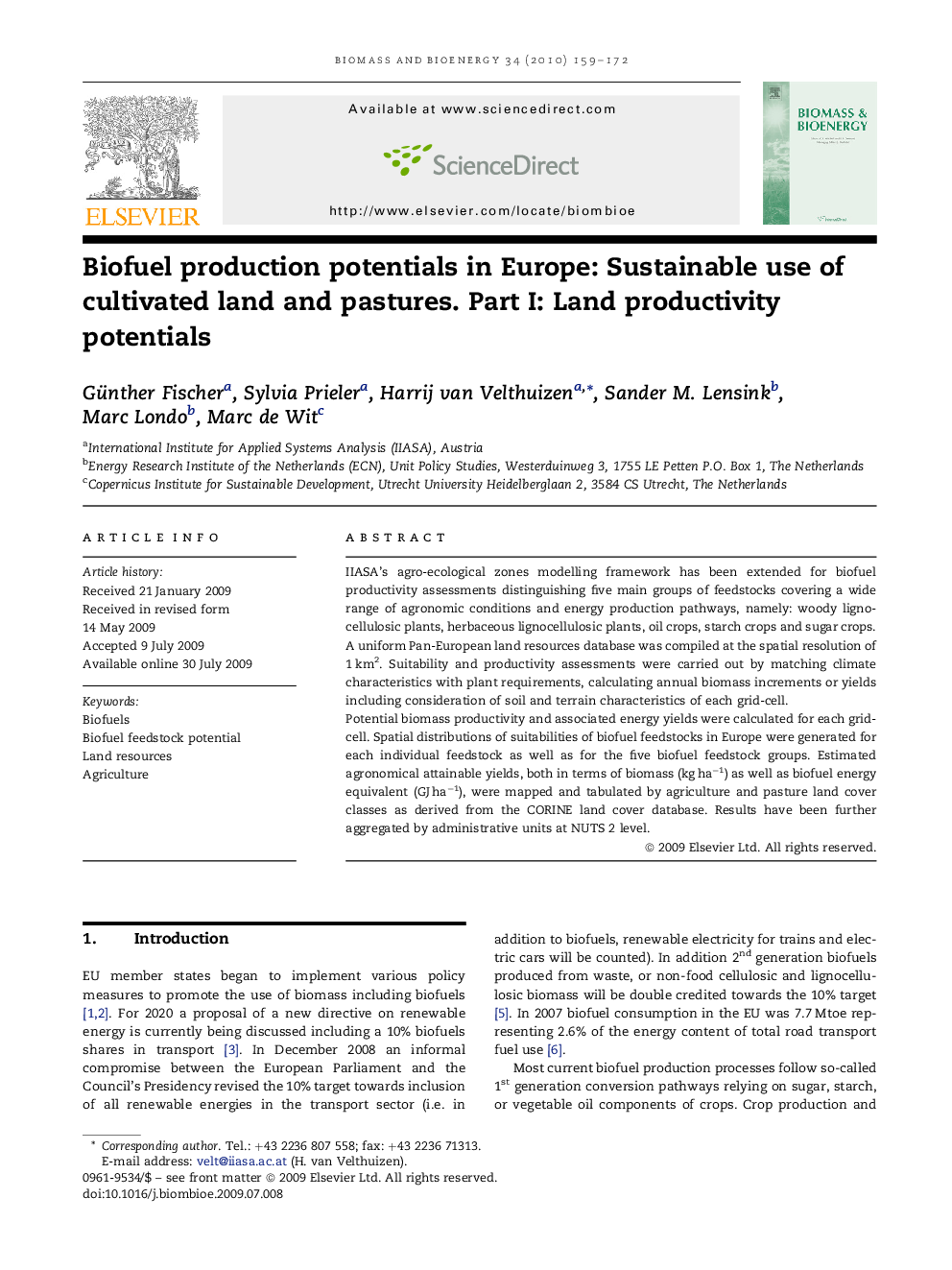 Biofuel production potentials in Europe: Sustainable use of cultivated land and pastures. Part I: Land productivity potentials