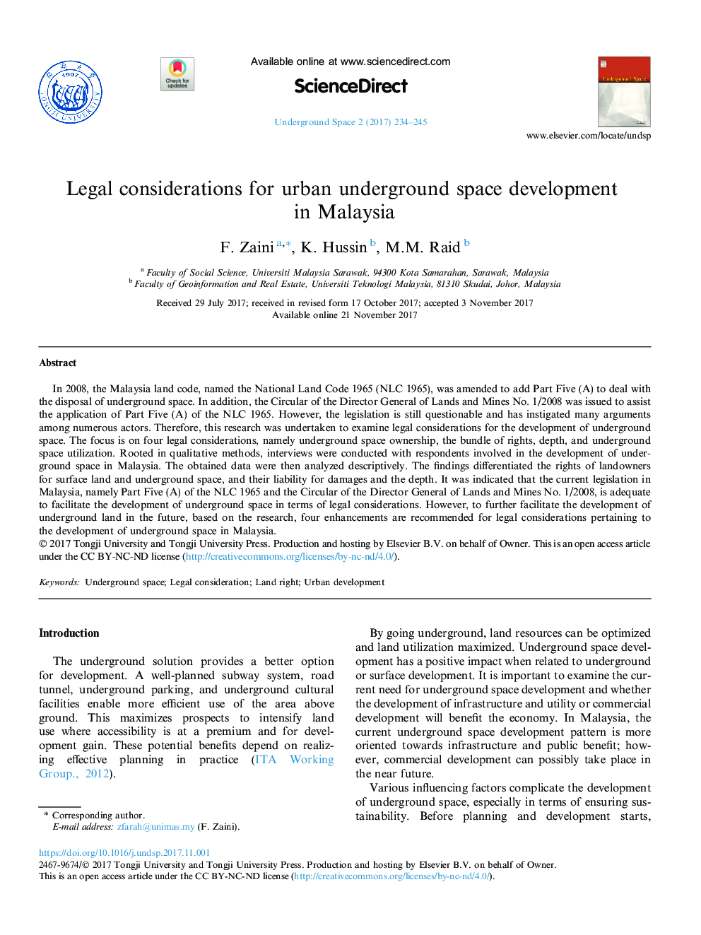 Legal considerations for urban underground space development in Malaysia