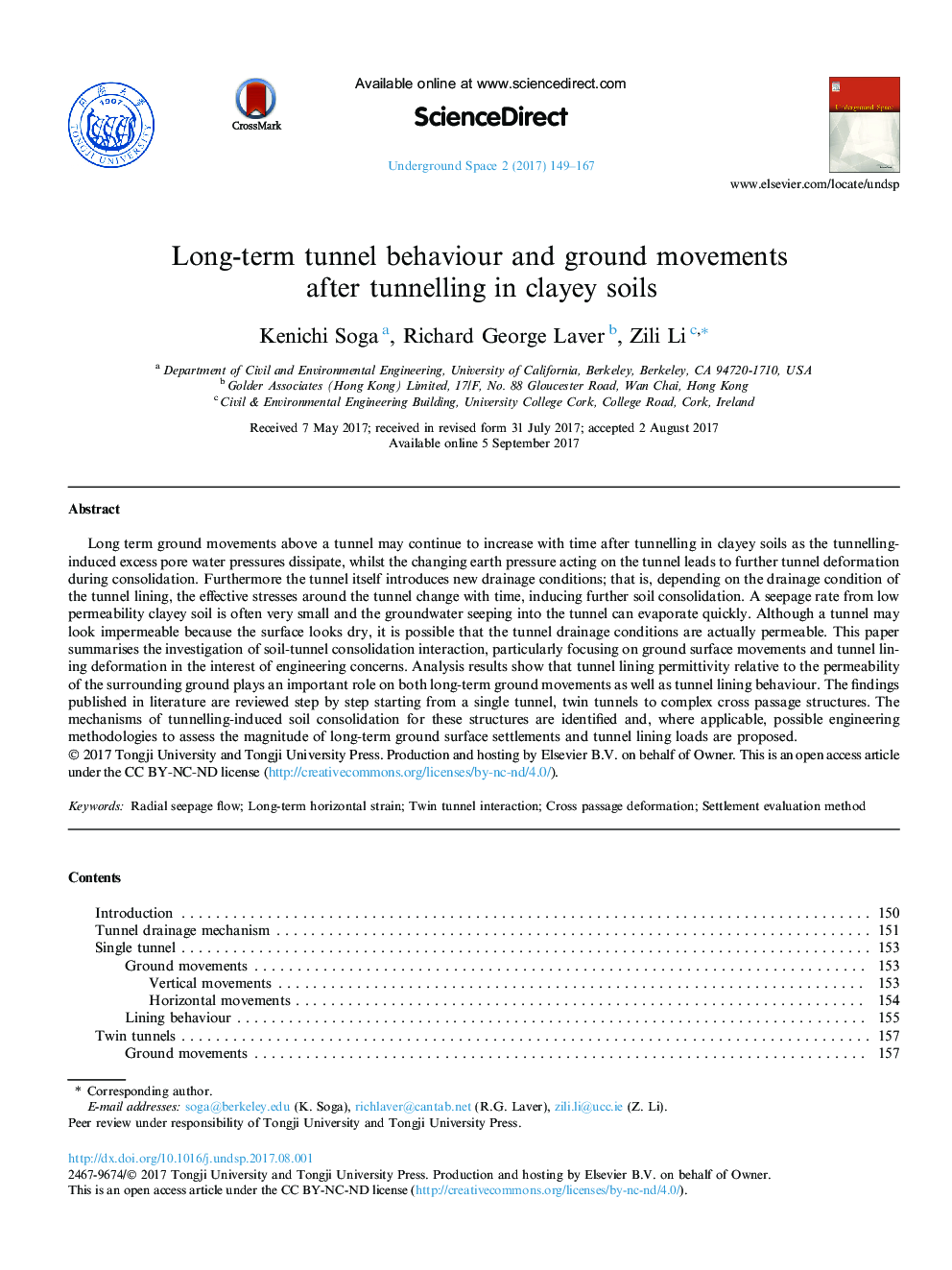 Long-term tunnel behaviour and ground movements after tunnelling in clayey soils