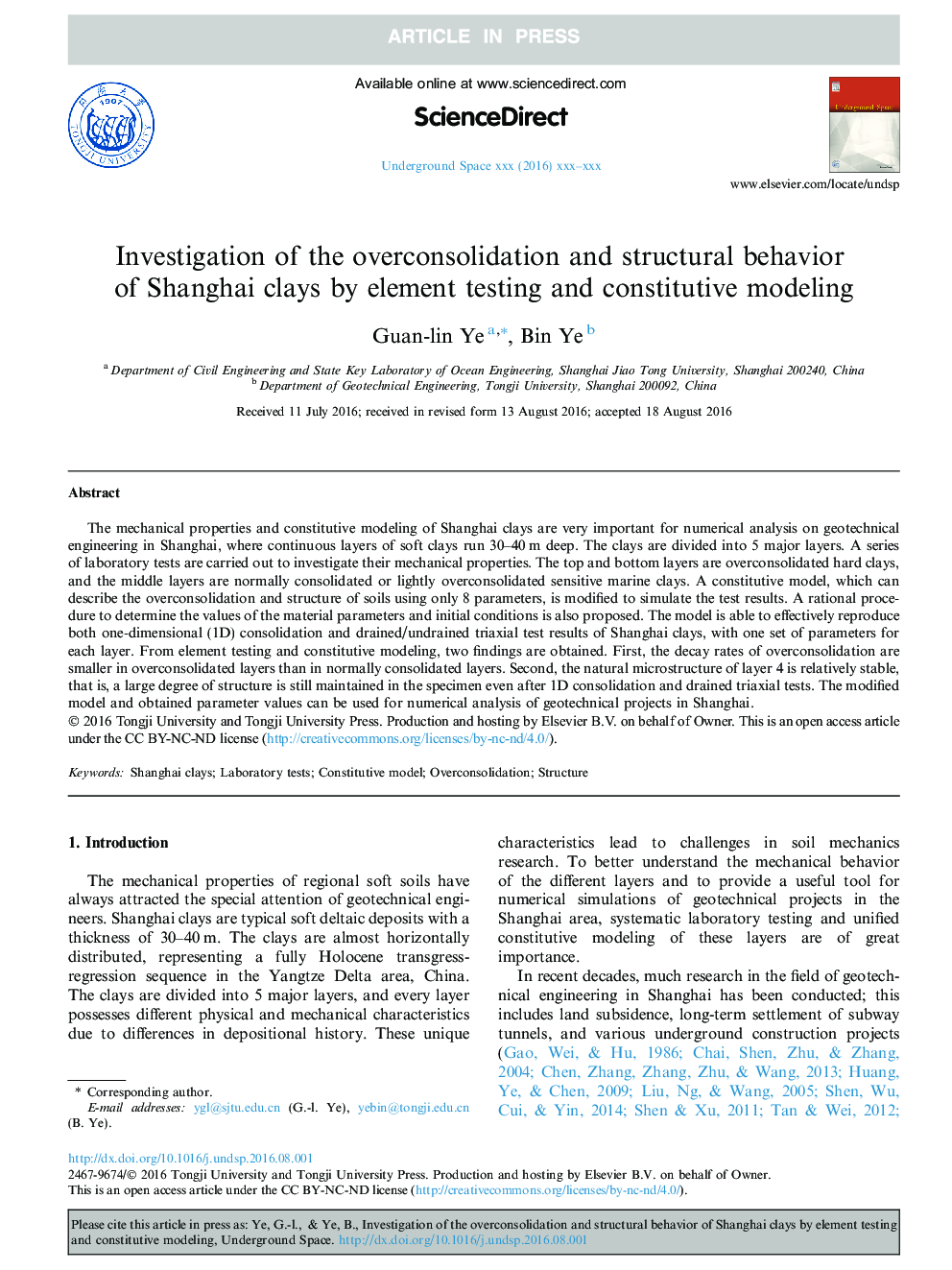 Investigation of the overconsolidation and structural behavior of Shanghai clays by element testing and constitutive modeling