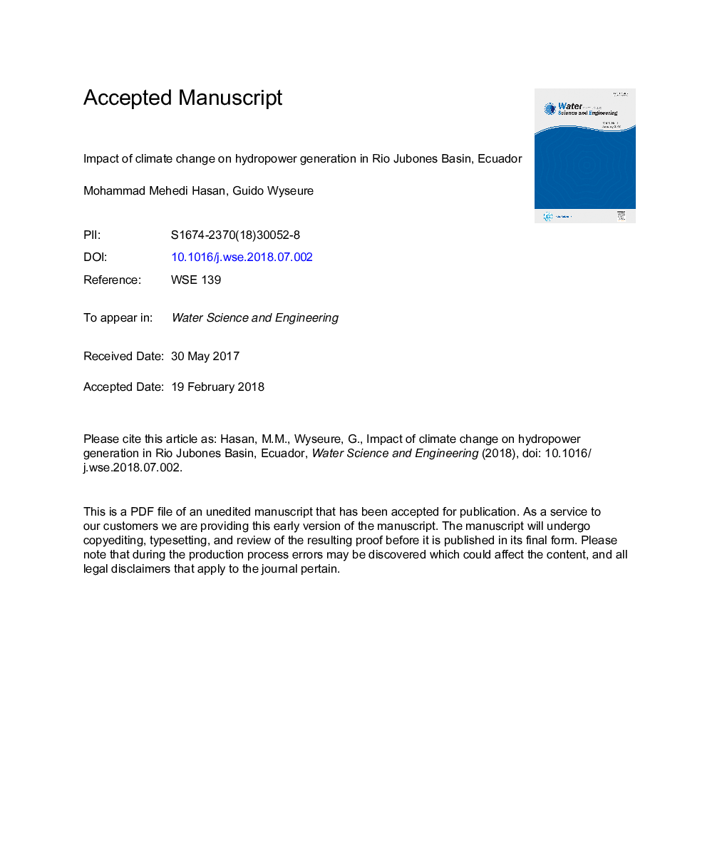 عکس صفحه اول مقاله: Impact of climate change on hydropower generation in Rio Jubones Basin, Ecuador Impact of climate change on hydropower generation in Rio Jubones Basin, Ecuador