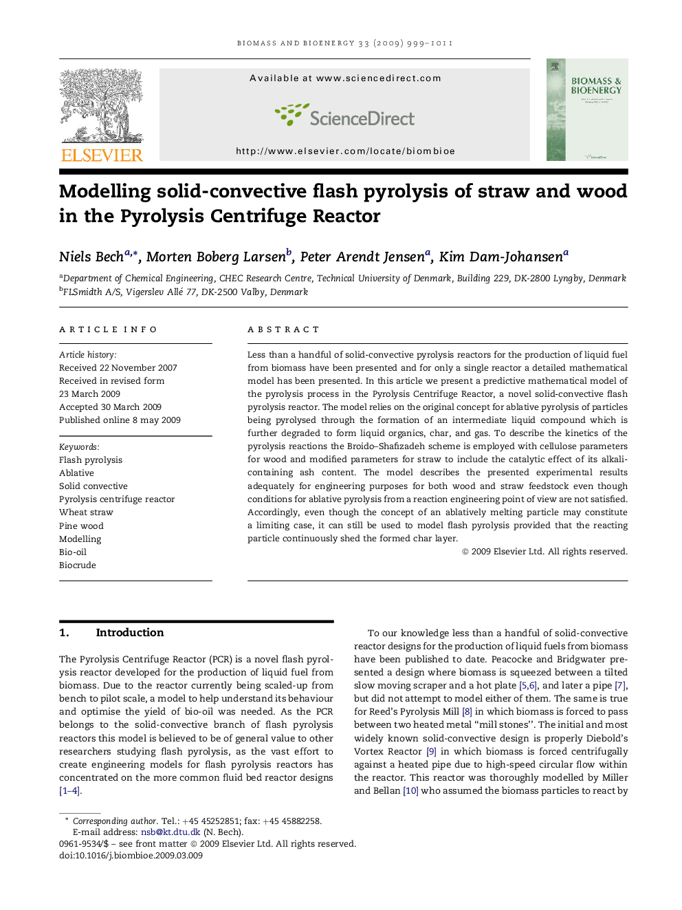 Modelling solid-convective flash pyrolysis of straw and wood in the Pyrolysis Centrifuge Reactor