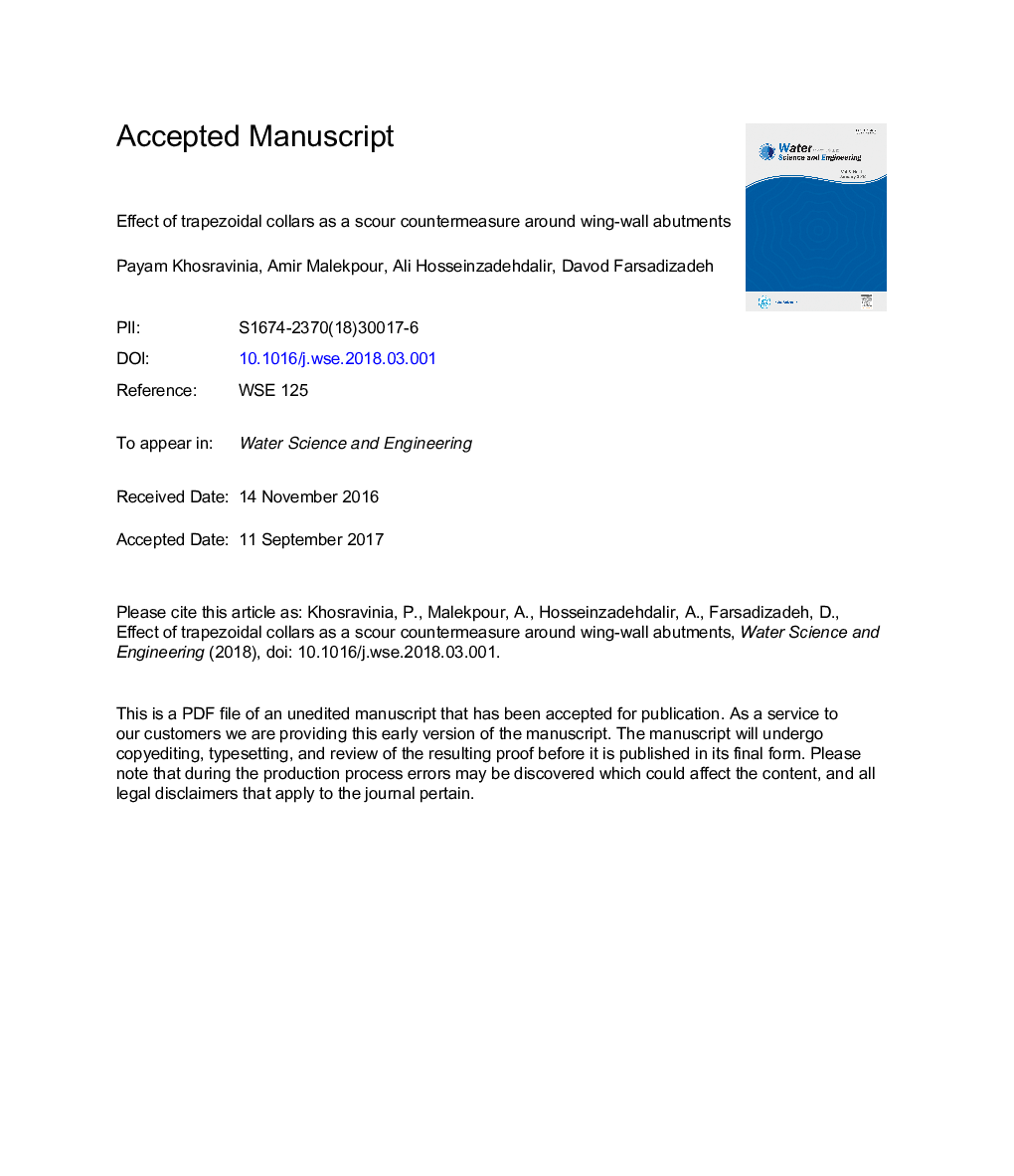 Effect of trapezoidal collars as a scour countermeasure around wing-wallÂ abutments