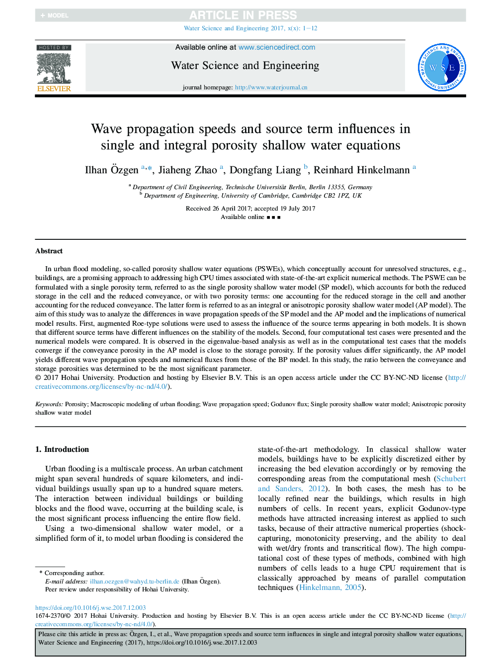 Wave propagation speeds and source term influences in single and integral porosity shallow water equations