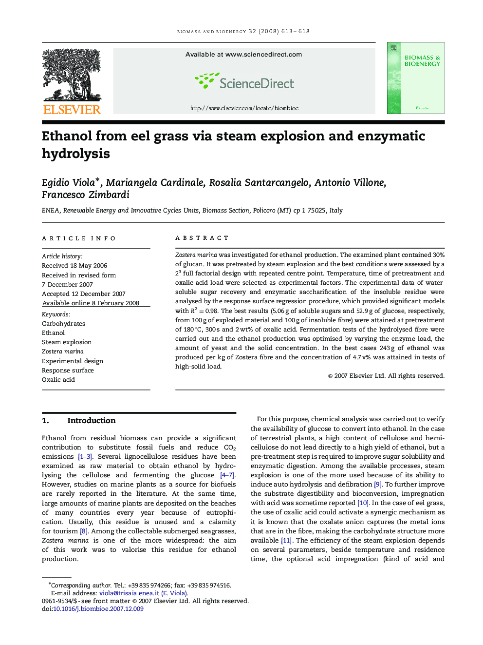 Ethanol from eel grass via steam explosion and enzymatic hydrolysis