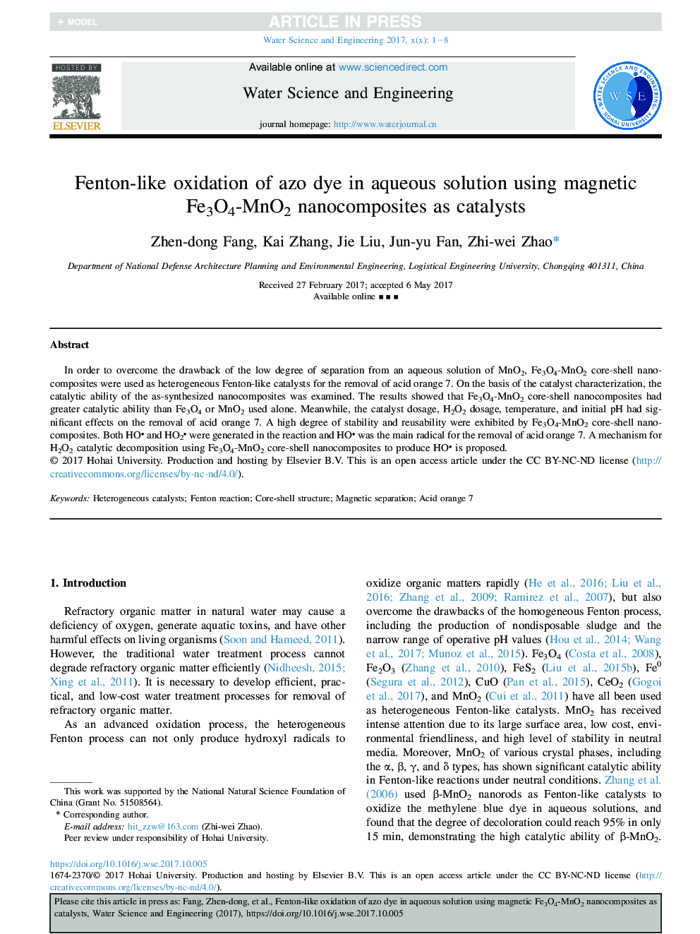 Fenton-like oxidation of azo dye in aqueous solution using magnetic Fe3O4-MnO2 nanocomposites as catalysts