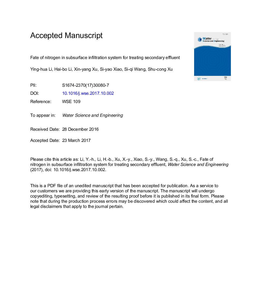 Fate of nitrogen in subsurface infiltration system for treating secondary effluent