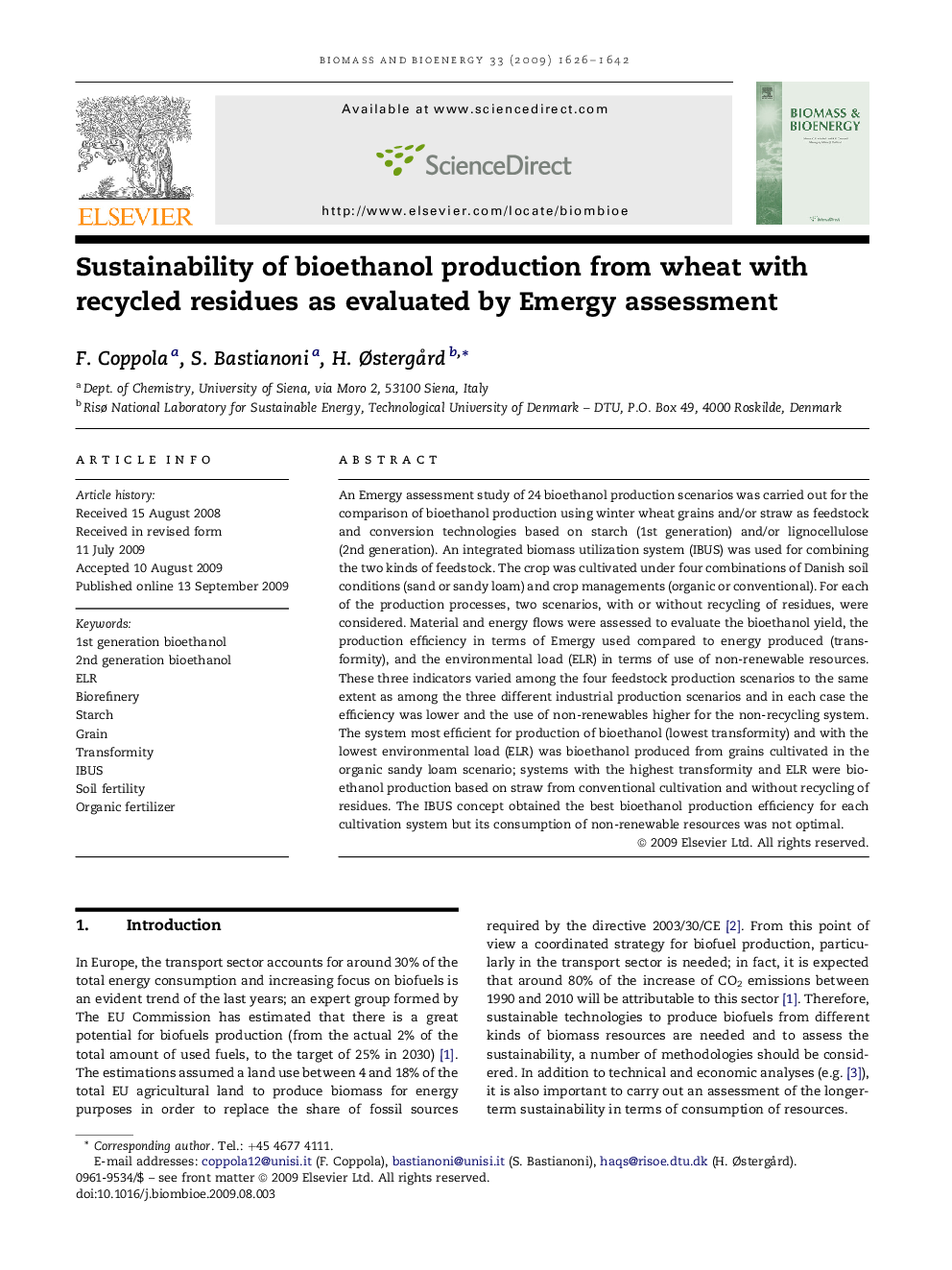 Sustainability of bioethanol production from wheat with recycled residues as evaluated by Emergy assessment