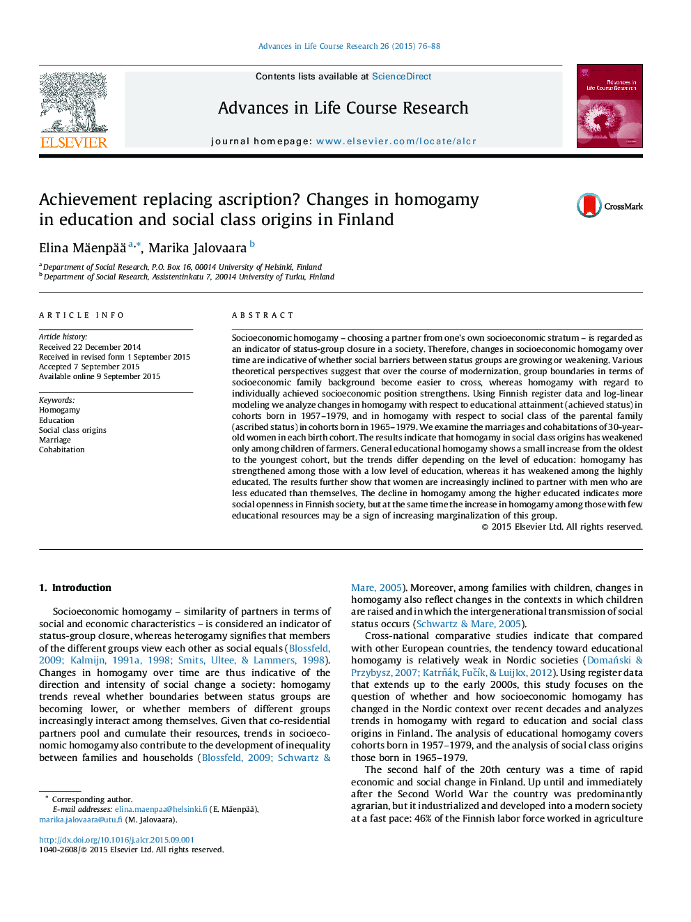 Achievement replacing ascription? Changes in homogamy in education and social class origins in Finland