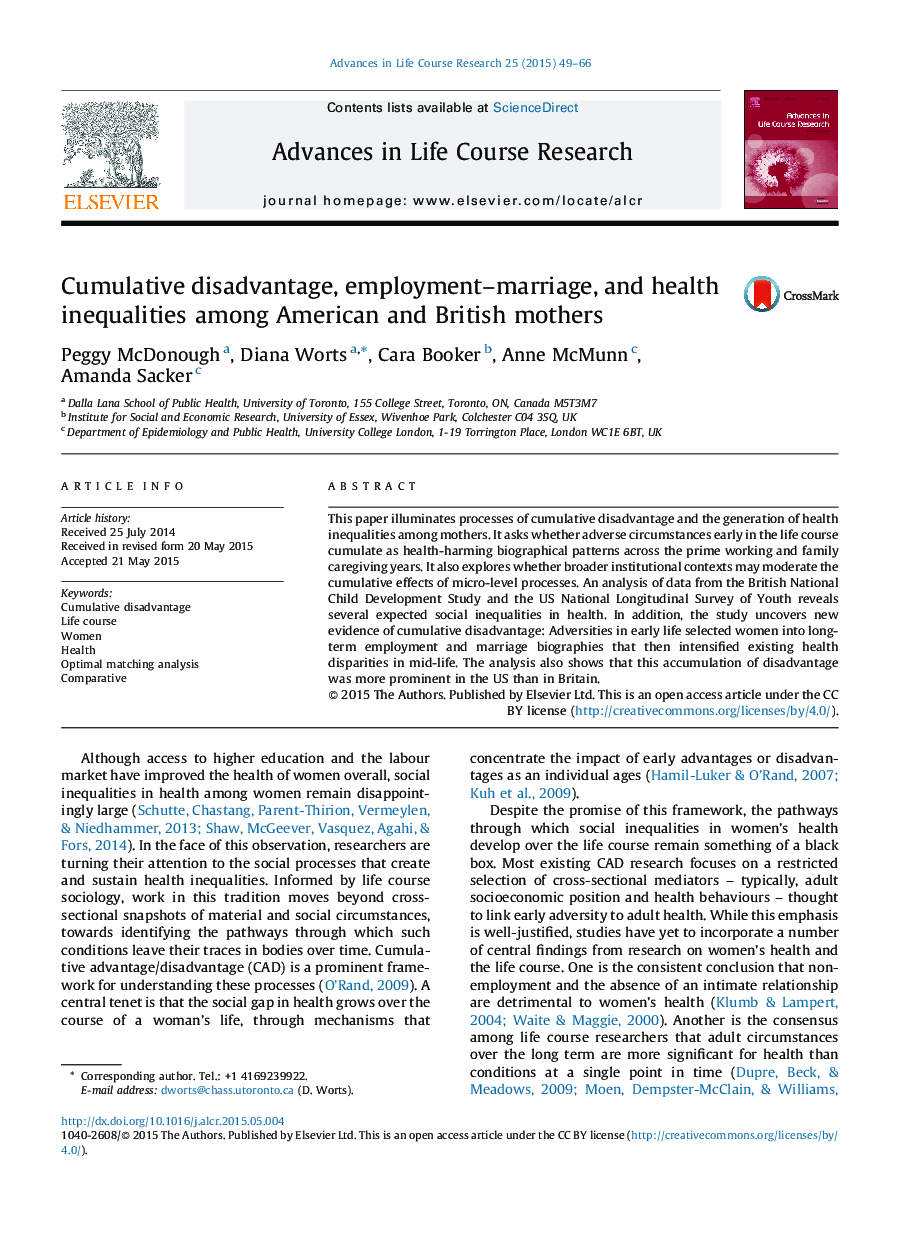 Cumulative disadvantage, employment-marriage, and health inequalities among American and British mothers