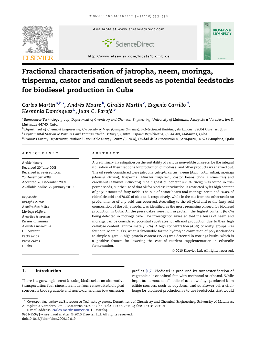 Fractional characterisation of jatropha, neem, moringa, trisperma, castor and candlenut seeds as potential feedstocks for biodiesel production in Cuba