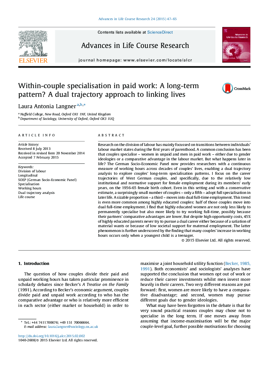 Within-couple specialisation in paid work: A long-term pattern? A dual trajectory approach to linking lives