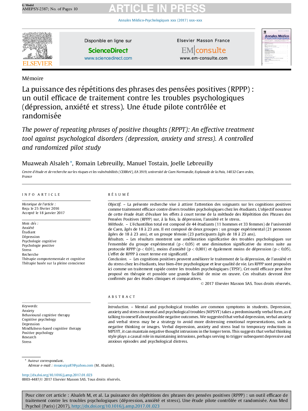La puissance des répétitions des phrases des pensées positives (RPPP)Â : un outil efficace de traitement contre les troubles psychologiques (dépression, anxiété et stress). Une étude pilote contrÃ´lée et randomisée