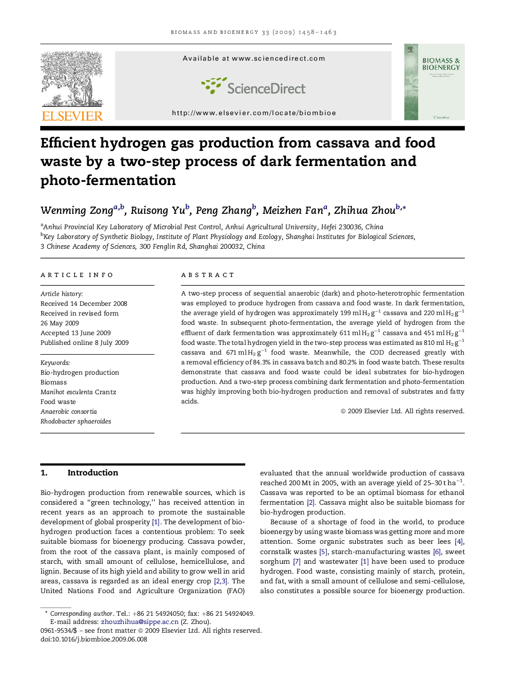 Efficient hydrogen gas production from cassava and food waste by a two-step process of dark fermentation and photo-fermentation