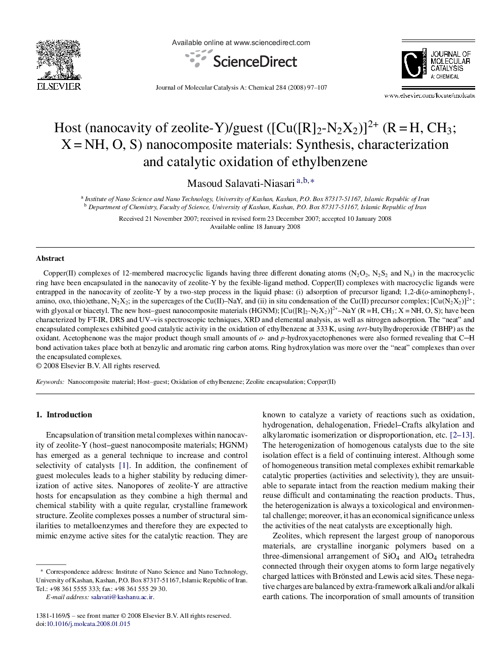 Host (nanocavity of zeolite-Y)/guest ([Cu([R]2-N2X2)]2+ (R = H, CH3; X = NH, O, S) nanocomposite materials: Synthesis, characterization and catalytic oxidation of ethylbenzene