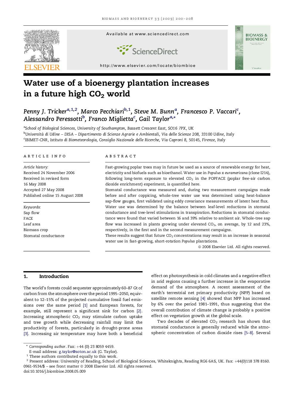 Water use of a bioenergy plantation increases in a future high CO2 world